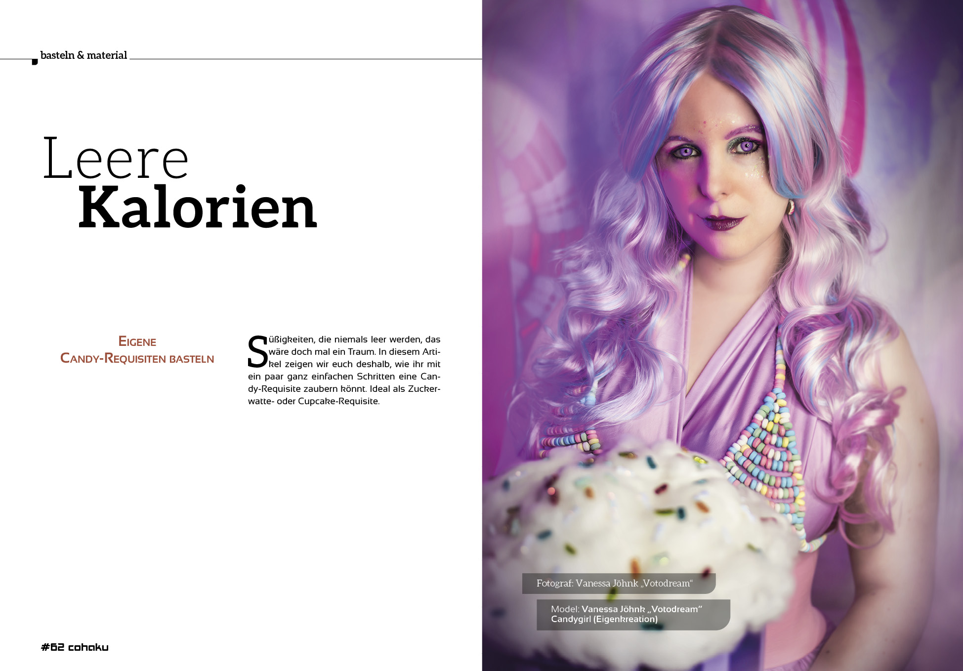 Artikel ‚Leere Kalorien – Candy-Requisiten basteln‘ in Cohaku #44. Abgebildet ist Vanessa Jöhnk ‚Votodream‘ als Candygirl mit pastellfarbener Perückte, Candy-Kette und großer Cupcake-Requisite, fotografiert von Votodream.