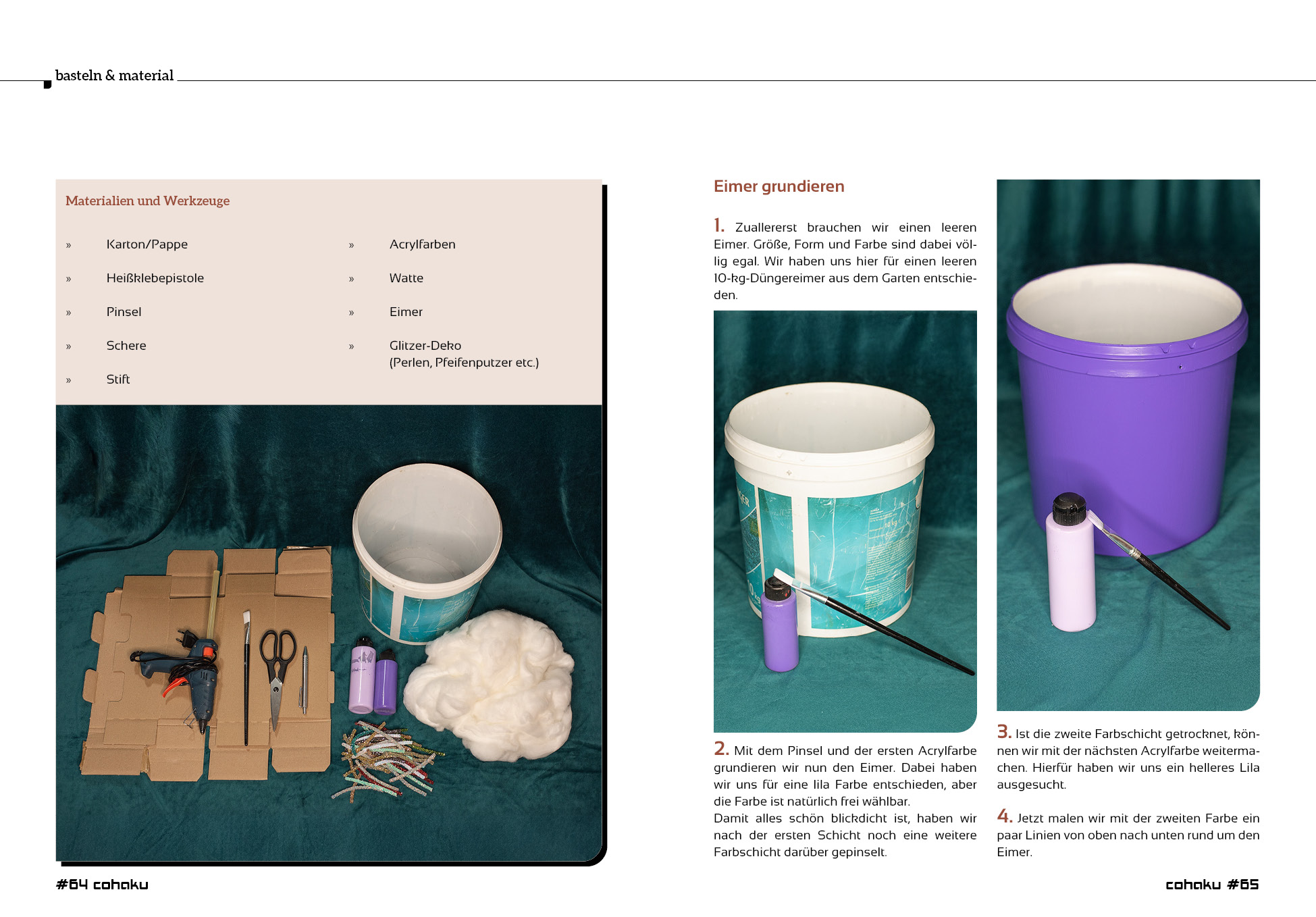 Materialien und erste Arbeitsschritte für Candy-Requisiten im Artikel ‚Leere Kalorien‘ aus Cohaku #44. Abgebildet sind Bastelutensilien wie Karton, Schere, Heißklebepistole, Watte, Glitzer-Deko sowie ein Eimer, der mit Acrylfarbe grundiert wird.