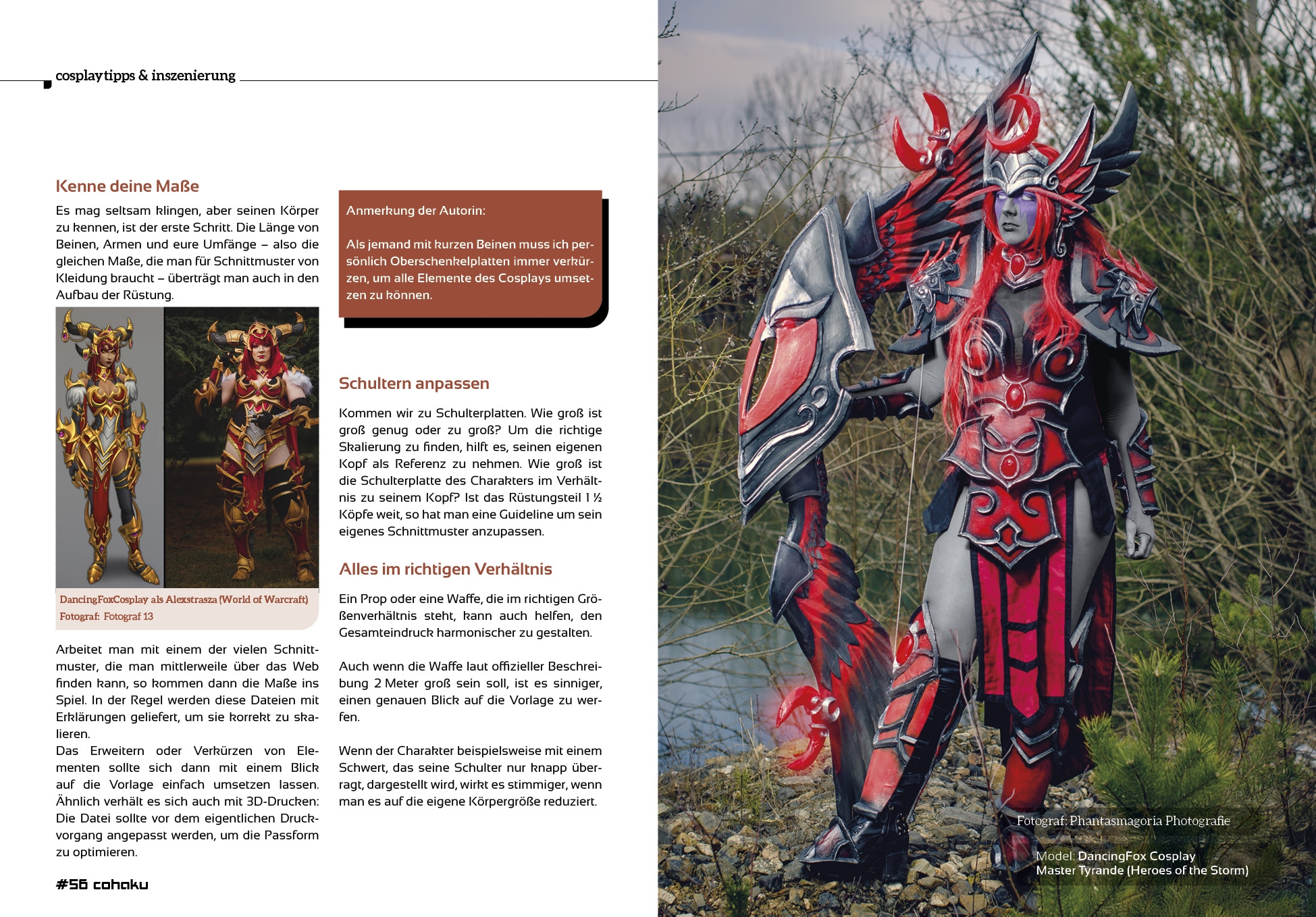 Fortsetzung des Artikels ‚Foam sweet Foam‘ in Cohaku #44. Links Cosplay von DancingFox als Alexstrasza aus World of Warcraft, rechts DancingFox als Master Tyrande aus Heroes of the Storm in einer aufwendigen EVA-Rüstung, fotografiert von Phantasmagoria Fotografie.