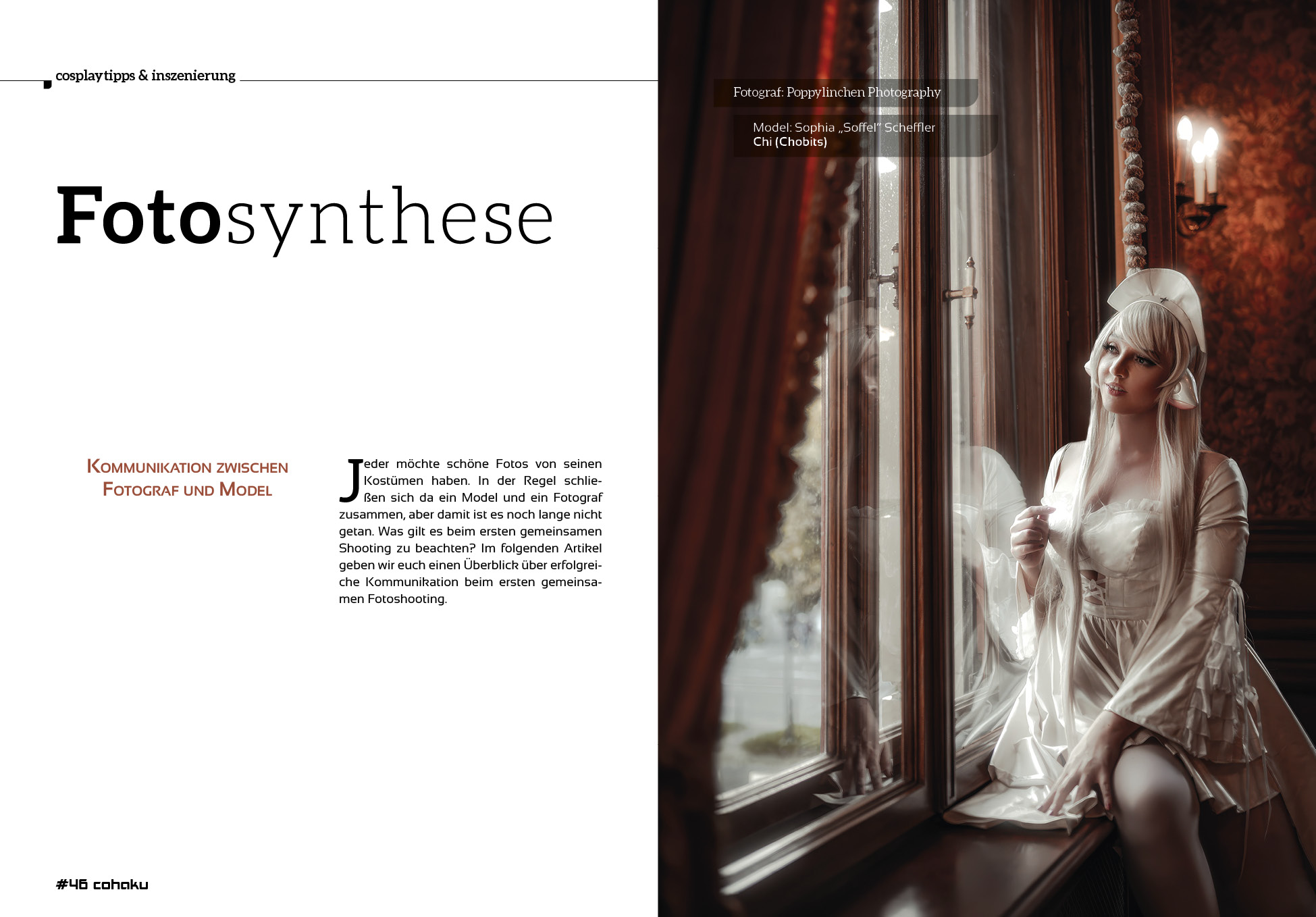 Artikel ‚Fotosynthese – Kommunikation zwischen Fotograf und Model‘ in Cohaku #44. Cosplayerin Sophia ‚Soffel‘ Scheffler als Chi aus Chobits sitzt im Cosplay am Fenster, fotografiert von Poppylinchen Photography.