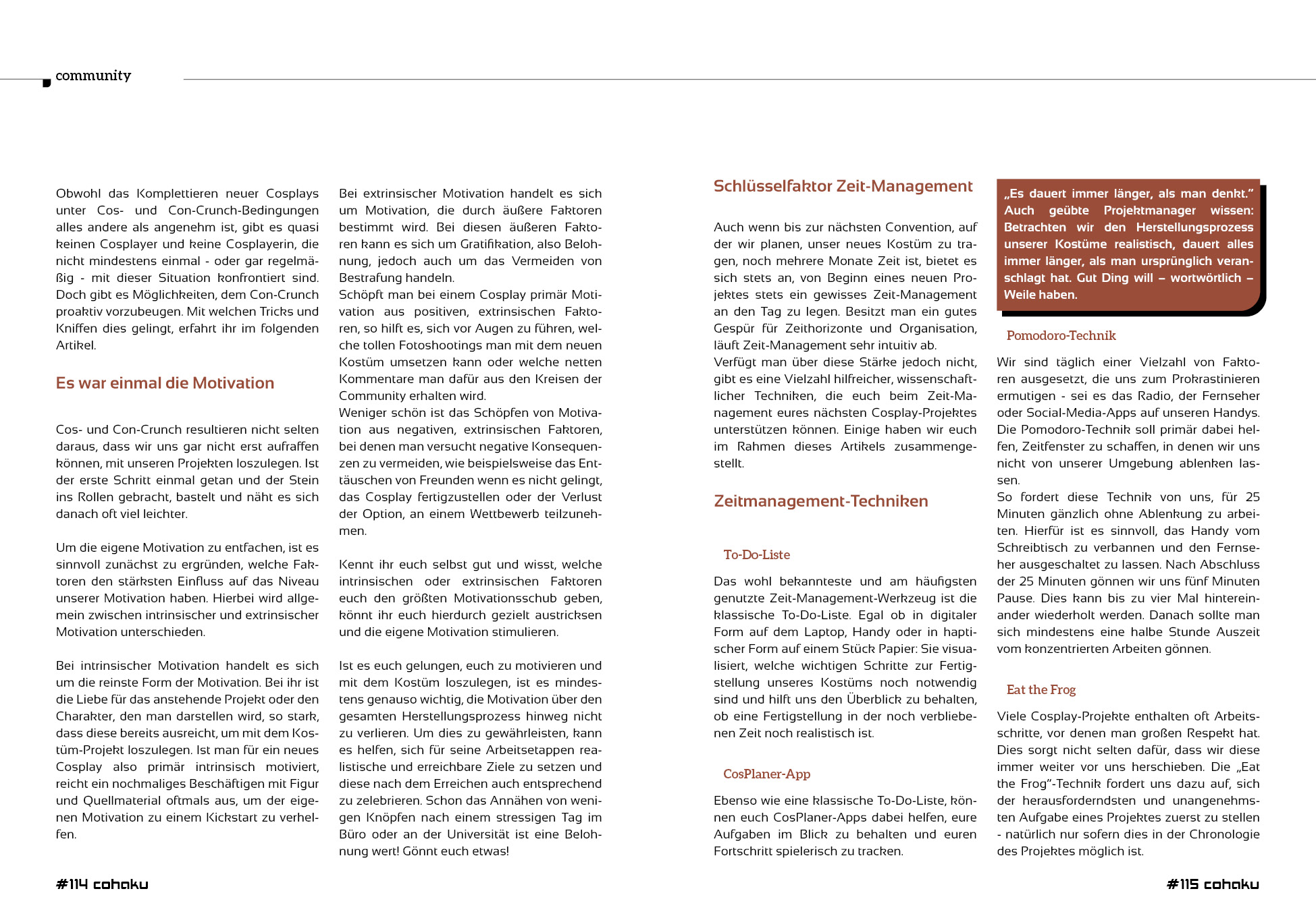 Fortsetzung des Artikels Nahttoderfahrung in Cohaku 44. Doppelseite mit Textkästen zu Motivation, Zeitmanagement und Techniken wie To-do-Liste, CosPlaner App, Pomodoro und Eat the Frog sowie einem Hinweis, dass alles länger dauert als gedacht.