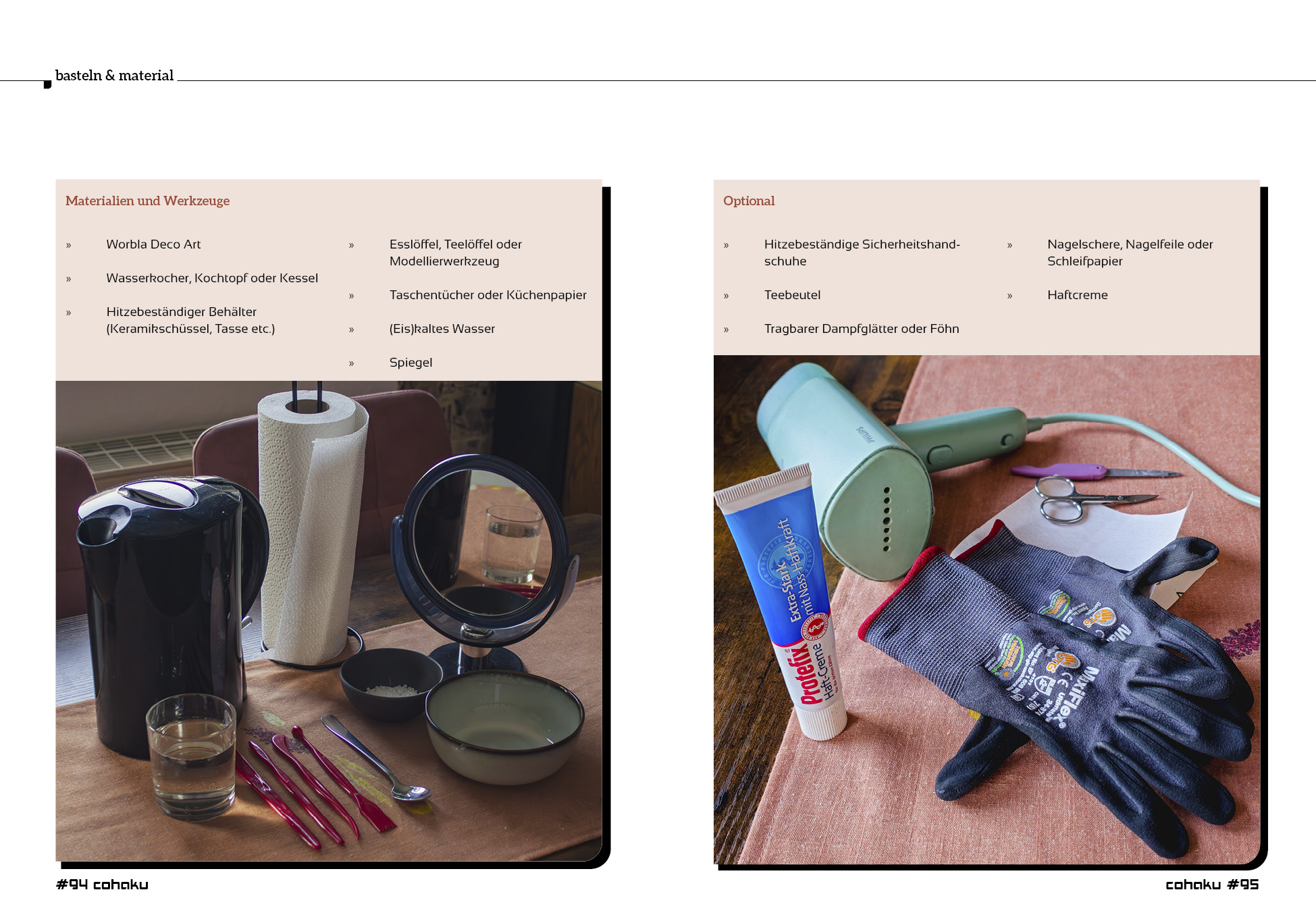 Materialien und Werkzeuge zum Basteln von Zahnprothesen im Cosplay. Abgebildet sind Worbla Deco Art, Wasserkocher, hitzebeständige Schüsseln, Spiegel, Handschuhe, Scheren und Haftcreme.